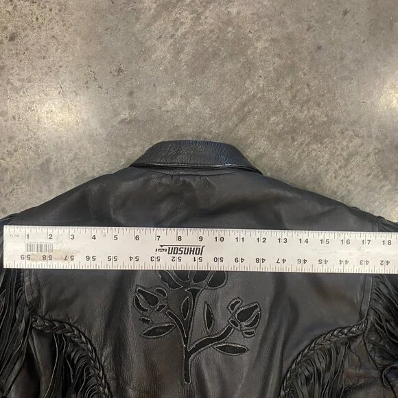 Black Leather Vintage Biker Jacket with Fringe and Rose Detail - Picture 11 of 13